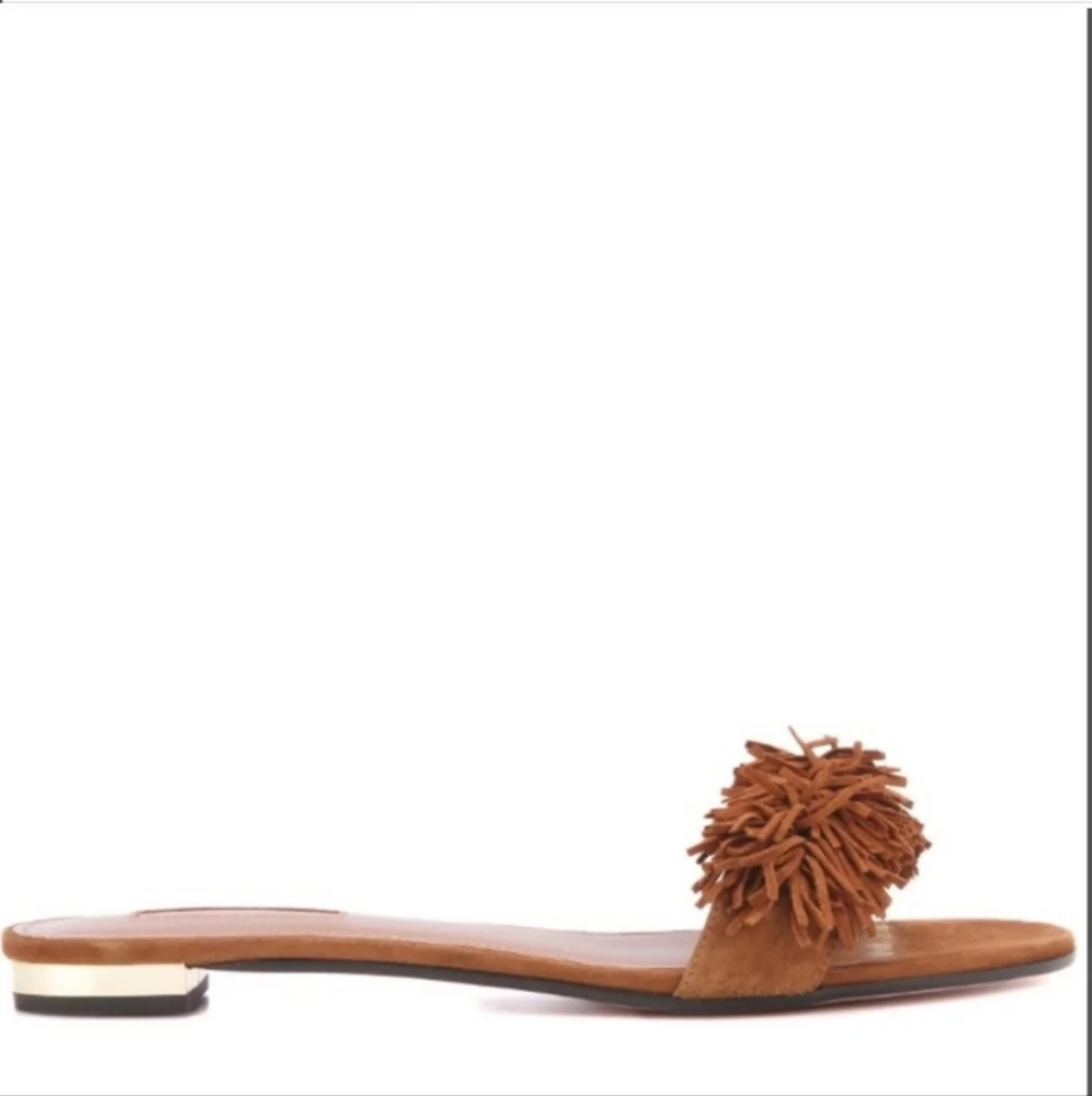 Aquazzura Italy Wild Thing Suede Flats Luxury Slide Sandals Brown EU 37